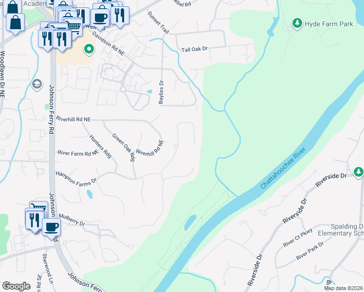 map of restaurants, bars, coffee shops, grocery stores, and more near 546 Gramercy Drive Northeast in Marietta