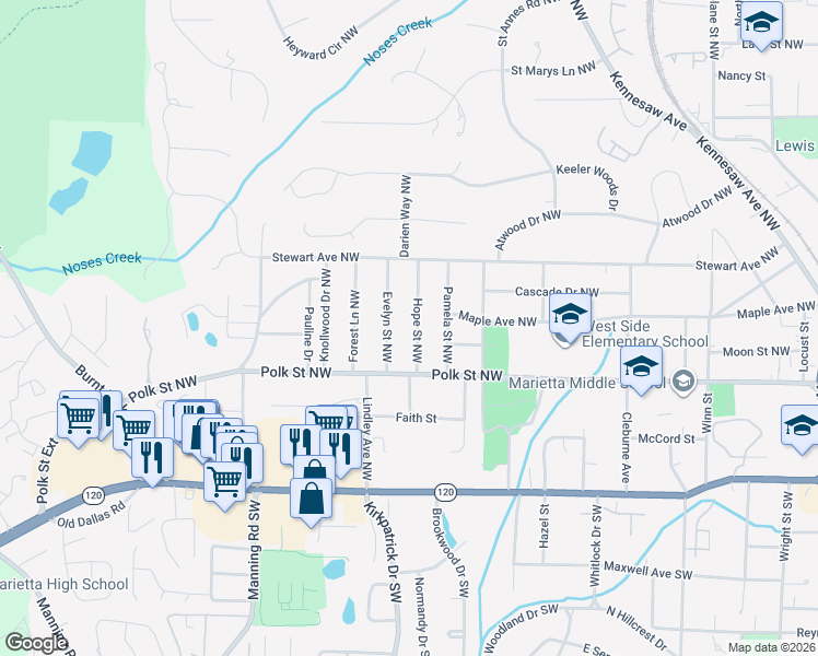 map of restaurants, bars, coffee shops, grocery stores, and more near 213 Hope Street Northwest in Marietta