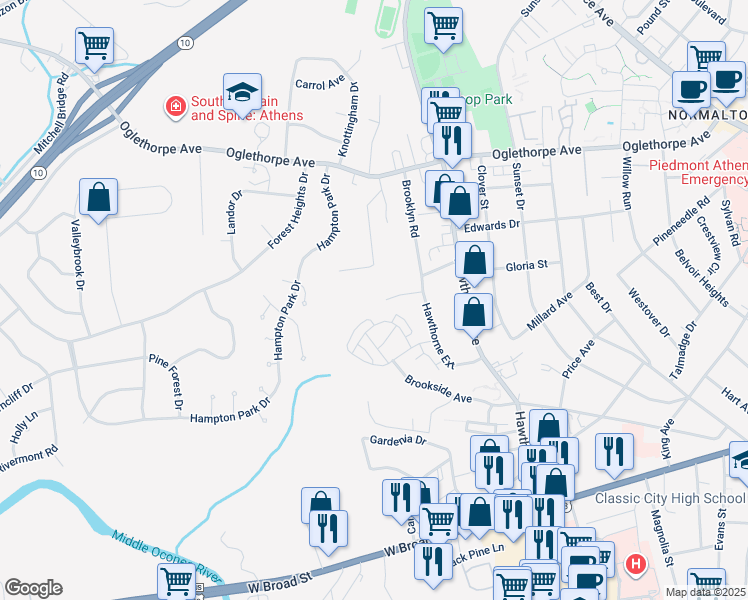 map of restaurants, bars, coffee shops, grocery stores, and more near 190 New Hope Drive in Athens