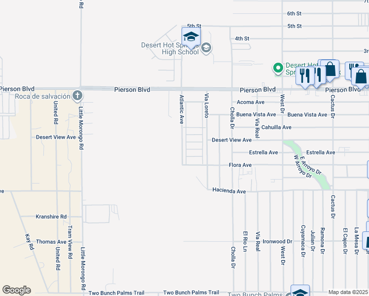 map of restaurants, bars, coffee shops, grocery stores, and more near 65565 Acoma Avenue in Desert Hot Springs