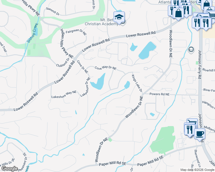 map of restaurants, bars, coffee shops, grocery stores, and more near 311 Cove Island Way Northeast in Marietta
