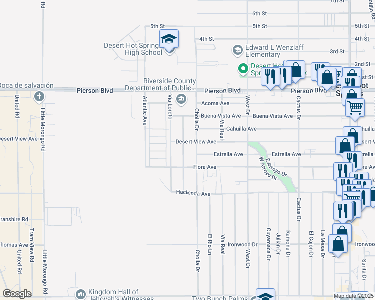 map of restaurants, bars, coffee shops, grocery stores, and more near 12576 Sylvanus Drive in Desert Hot Springs