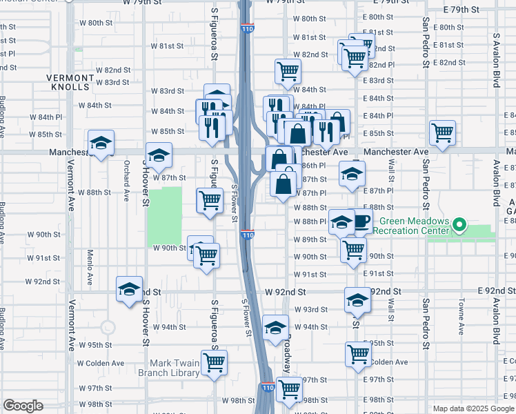 map of restaurants, bars, coffee shops, grocery stores, and more near 348 West 88th Street in Los Angeles