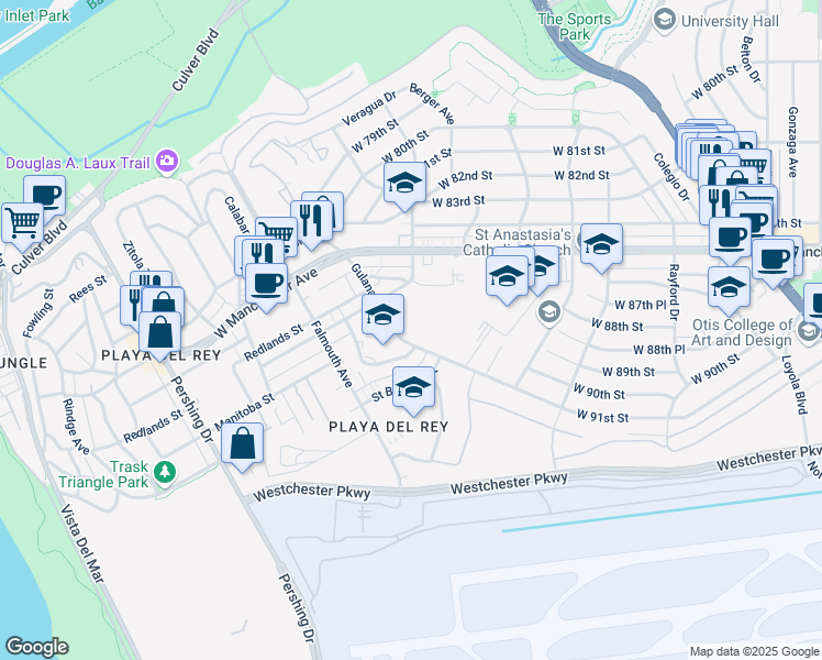 map of restaurants, bars, coffee shops, grocery stores, and more near 8650 Gulana Avenue in Los Angeles