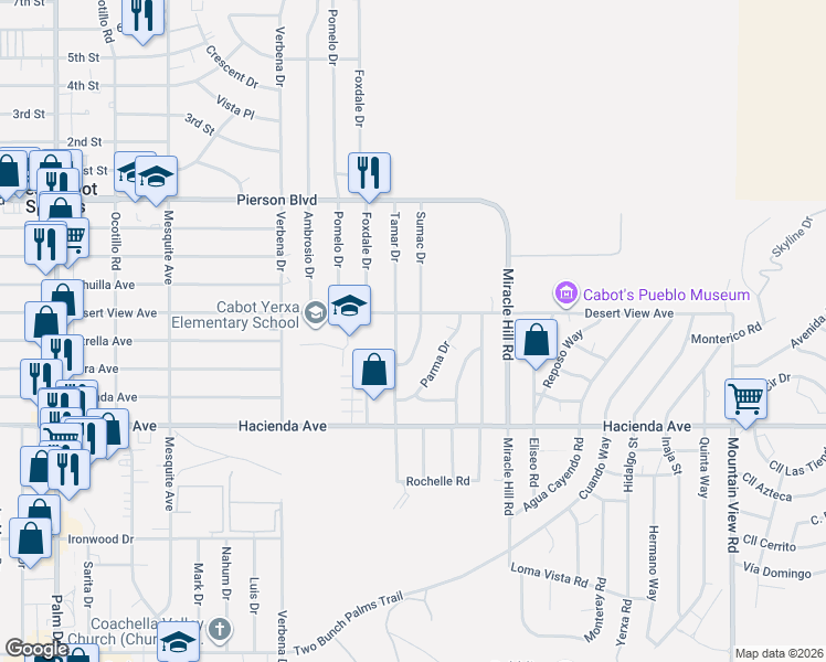 map of restaurants, bars, coffee shops, grocery stores, and more near 12638 Sumac Drive in Desert Hot Springs