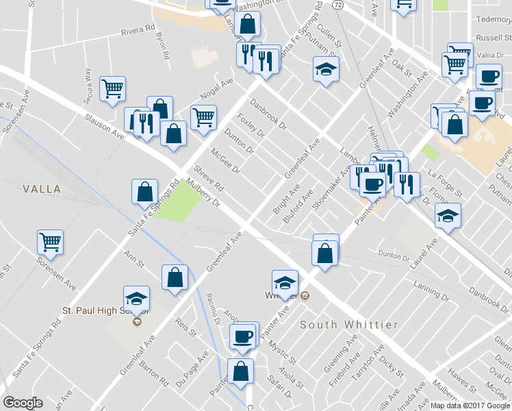 map of restaurants, bars, coffee shops, grocery stores, and more near 9127 Greenleaf Avenue in Whittier