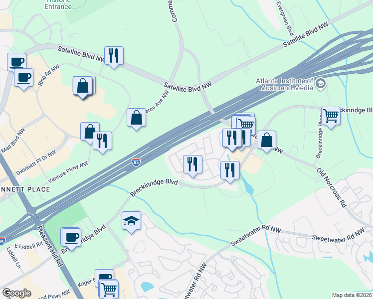 map of restaurants, bars, coffee shops, grocery stores, and more near 3157 Millington Place in Duluth