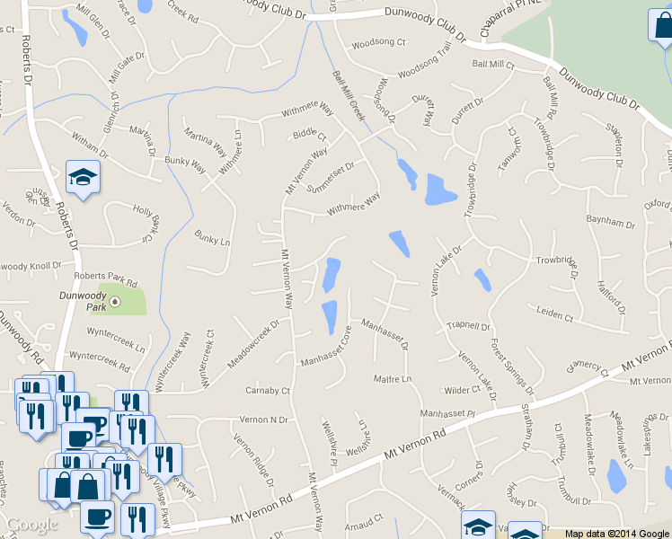map of restaurants, bars, coffee shops, grocery stores, and more near 1555 Dunwoody Club Crossing in Dunwoody