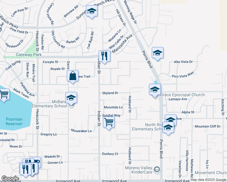 map of restaurants, bars, coffee shops, grocery stores, and more near 24622 Skyland Drive in Moreno Valley
