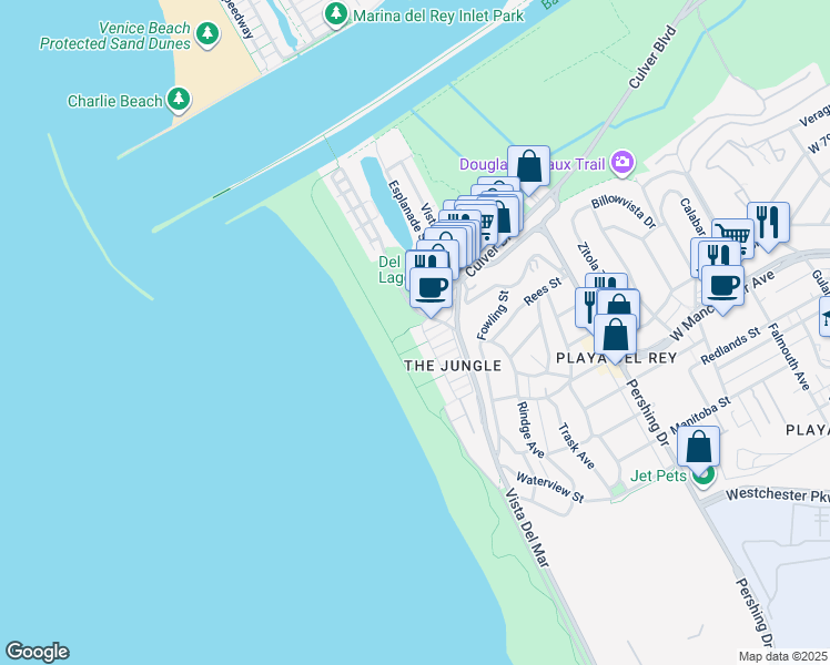 map of restaurants, bars, coffee shops, grocery stores, and more near 6935 Trolleyway South in Los Angeles