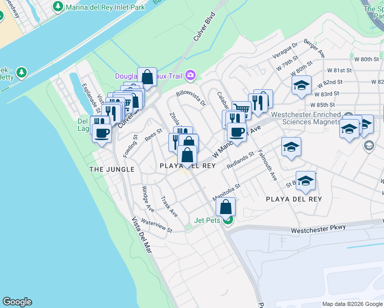 map of restaurants, bars, coffee shops, grocery stores, and more near 8351 Zitola Terrace in Los Angeles