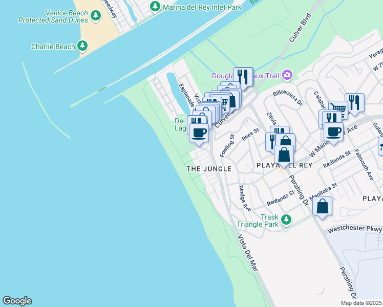 map of restaurants, bars, coffee shops, grocery stores, and more near 6935 Trolleyway South in Los Angeles