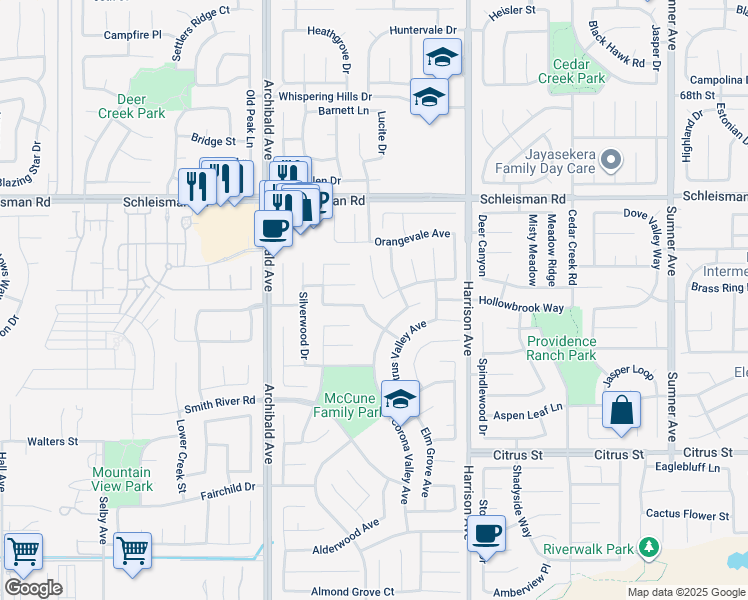 map of restaurants, bars, coffee shops, grocery stores, and more near 7203 Twinspur Court in Eastvale