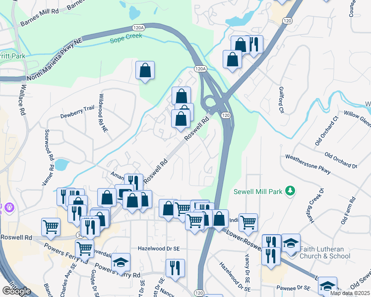 map of restaurants, bars, coffee shops, grocery stores, and more near 1744 Roswell Road in Marietta