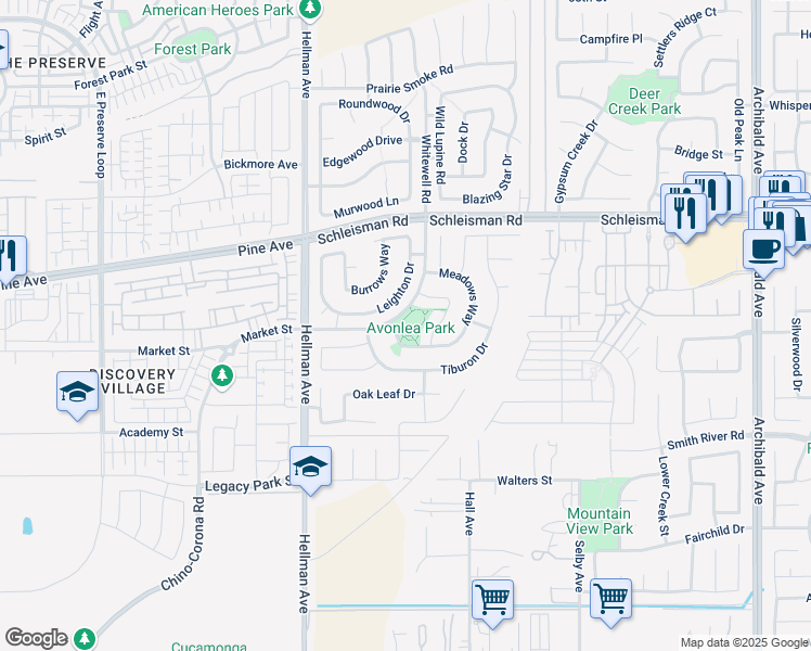 map of restaurants, bars, coffee shops, grocery stores, and more near 7216 Aldergate Road in Eastvale