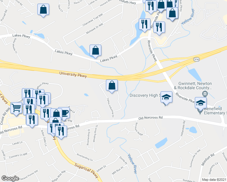 map of restaurants, bars, coffee shops, grocery stores, and more near 775 Tipton Industrial Dr in Lawrenceville