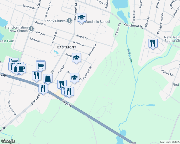 map of restaurants, bars, coffee shops, grocery stores, and more near 1010 Eastmont Drive in Columbia