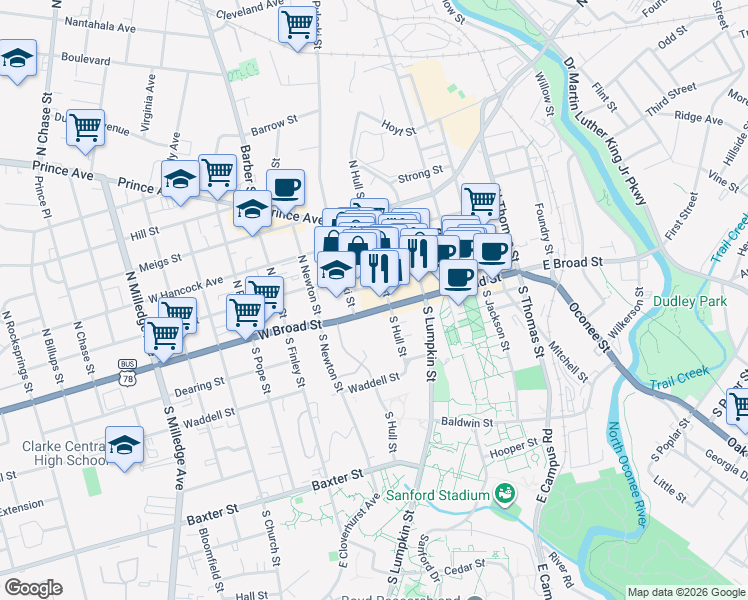 map of restaurants, bars, coffee shops, grocery stores, and more near 250 West Broad Street in Athens