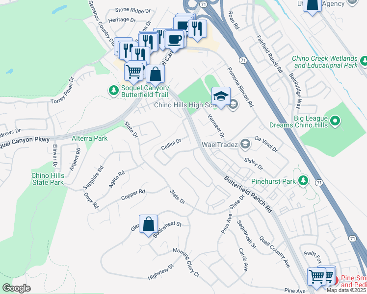 map of restaurants, bars, coffee shops, grocery stores, and more near 5154 Picasso Drive in Chino Hills