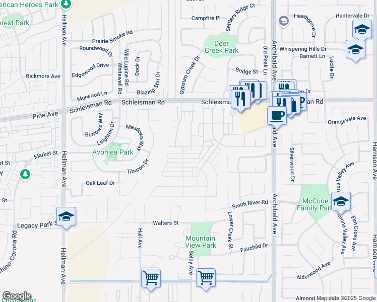 map of restaurants, bars, coffee shops, grocery stores, and more near 14527 Sienna Place in Eastvale
