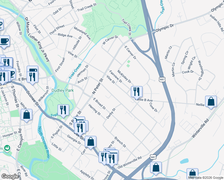 map of restaurants, bars, coffee shops, grocery stores, and more near 277 Arch Street in Athens