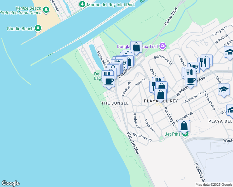 map of restaurants, bars, coffee shops, grocery stores, and more near 6929 Vista Del Mar in Los Angeles