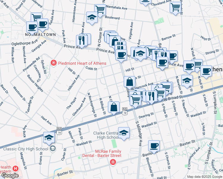 map of restaurants, bars, coffee shops, grocery stores, and more near 1020 West Hancock Avenue in Athens
