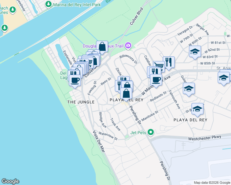 map of restaurants, bars, coffee shops, grocery stores, and more near 415 Campdell Street in Los Angeles