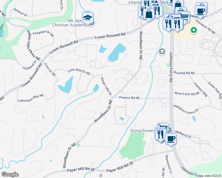 map of restaurants, bars, coffee shops, grocery stores, and more near 299 Woodlawn Drive Northeast in Marietta