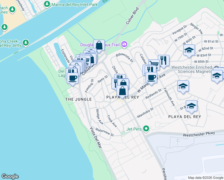 map of restaurants, bars, coffee shops, grocery stores, and more near 7123 Earldom Avenue in Los Angeles