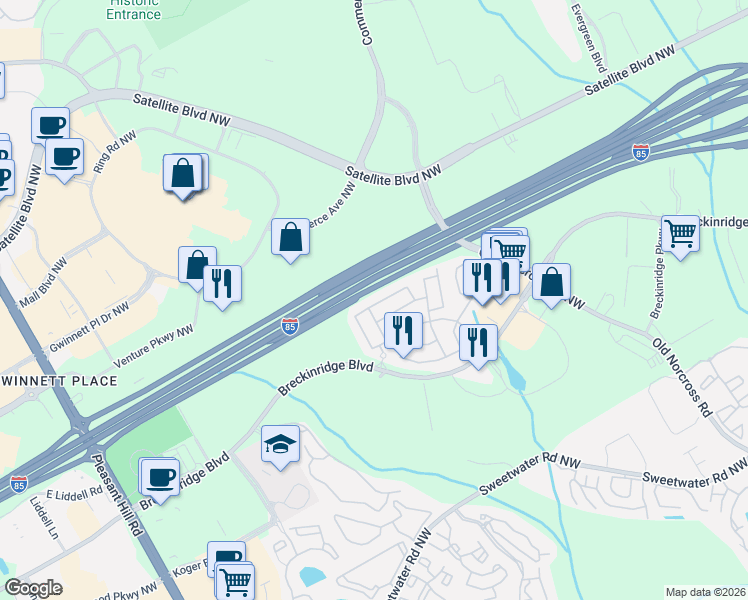 map of restaurants, bars, coffee shops, grocery stores, and more near 2158 Executive Drive North in Duluth