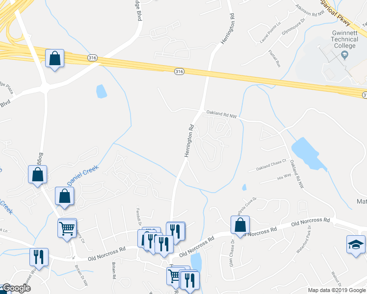 map of restaurants, bars, coffee shops, grocery stores, and more near 1379 Herrington Road in Lawrenceville