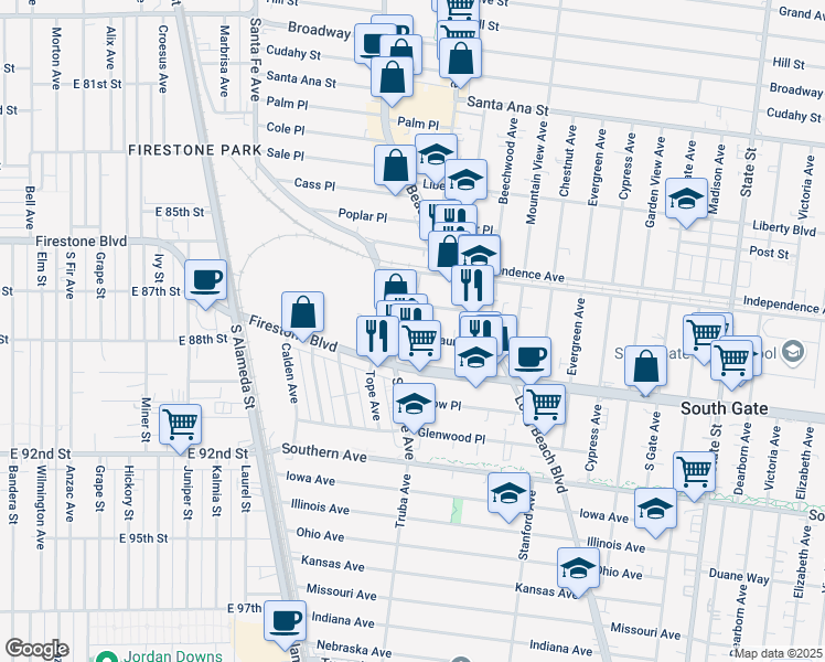 map of restaurants, bars, coffee shops, grocery stores, and more near 2721 Laurel Place in South Gate