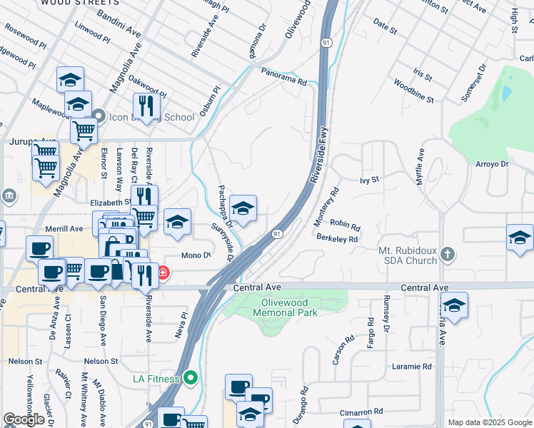map of restaurants, bars, coffee shops, grocery stores, and more near 3208 Gibraltar Drive in Riverside