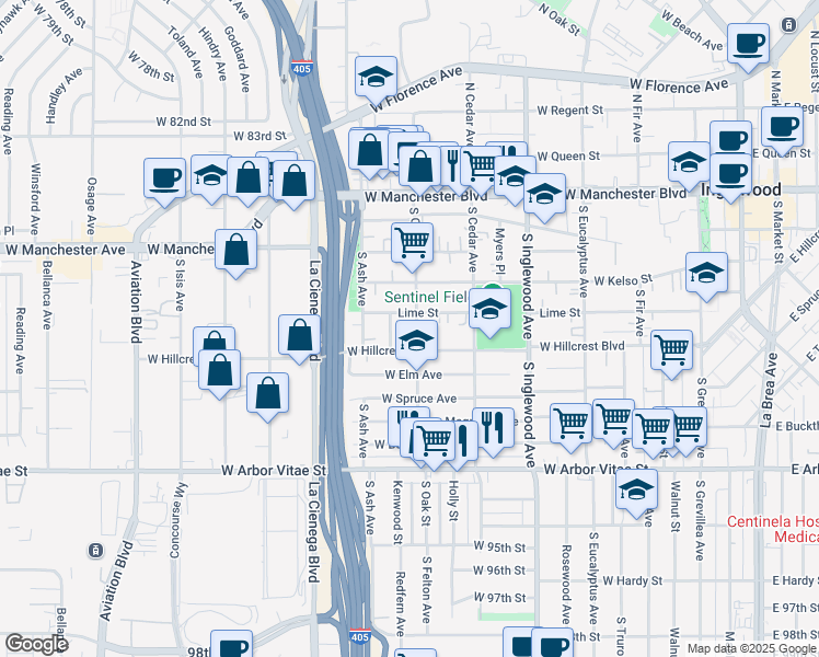 map of restaurants, bars, coffee shops, grocery stores, and more near 521 1/2 South Oak Street in Inglewood