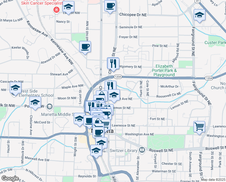 map of restaurants, bars, coffee shops, grocery stores, and more near 140 Blackwell Lane Northeast in Marietta