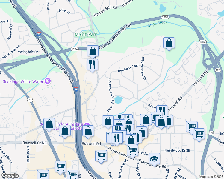 map of restaurants, bars, coffee shops, grocery stores, and more near 1376 Woodbine Street in Marietta