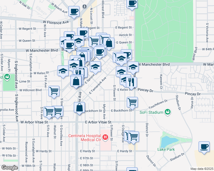 map of restaurants, bars, coffee shops, grocery stores, and more near 611 East Kelso Street in Inglewood