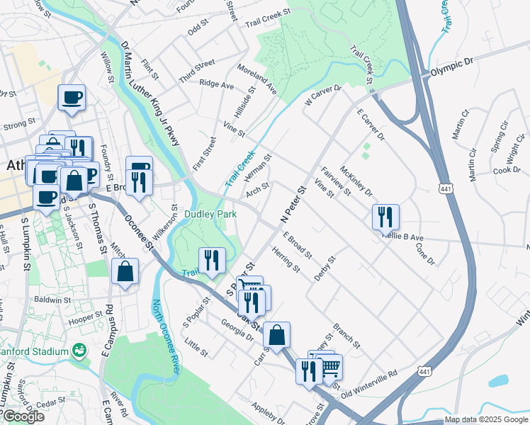 map of restaurants, bars, coffee shops, grocery stores, and more near 124 North Poplar Street in Athens
