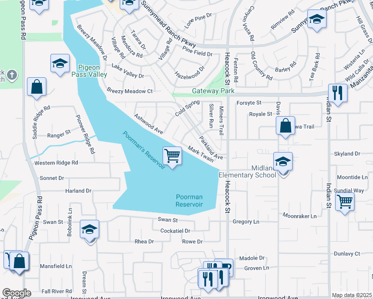map of restaurants, bars, coffee shops, grocery stores, and more near 23805 Mark Twain in Moreno Valley
