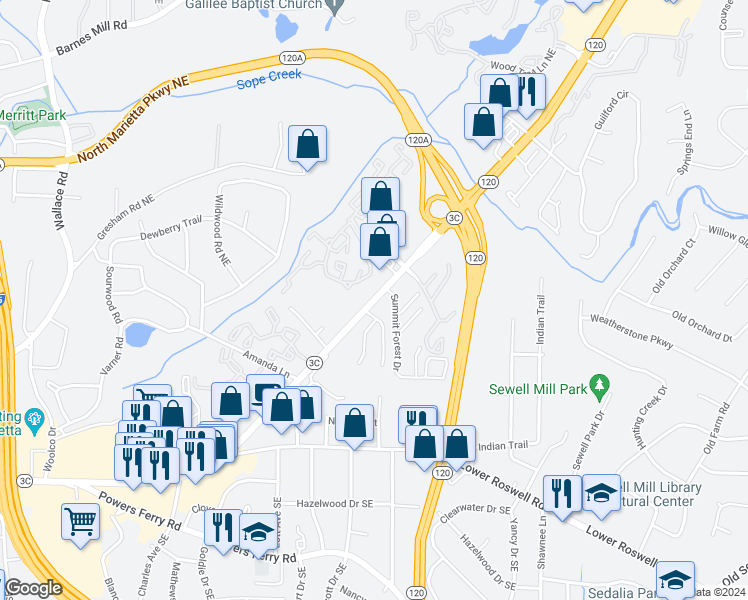map of restaurants, bars, coffee shops, grocery stores, and more near 1762 Roswell Road in Marietta
