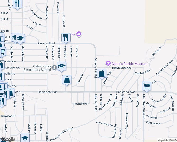 map of restaurants, bars, coffee shops, grocery stores, and more near 12557 Maui Way in Desert Hot Springs