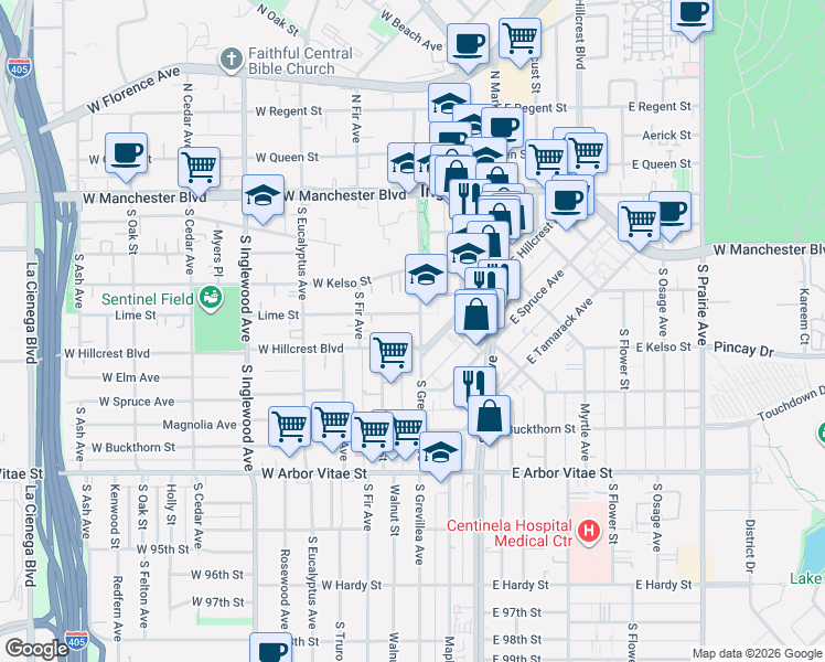 map of restaurants, bars, coffee shops, grocery stores, and more near 515 South Grevillea Avenue in Inglewood