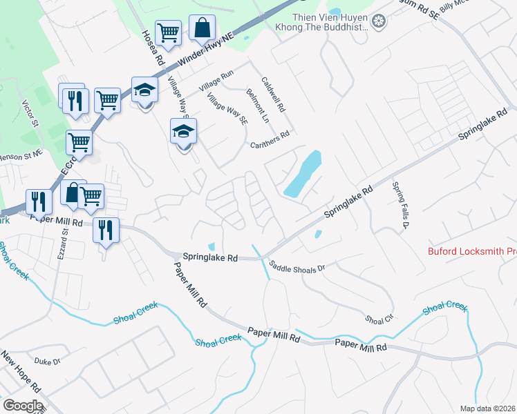 map of restaurants, bars, coffee shops, grocery stores, and more near 130 Springbottom Drive Southeast in Lawrenceville