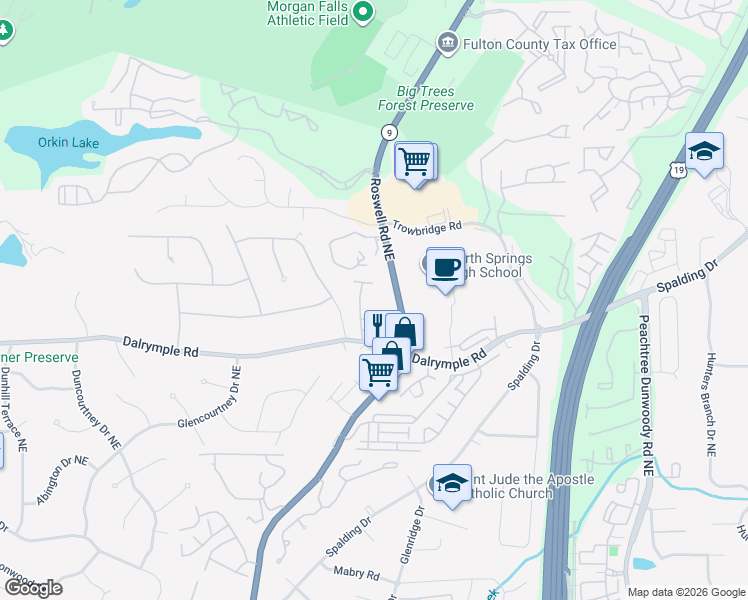 map of restaurants, bars, coffee shops, grocery stores, and more near 602 Brighton Point in Sandy Springs