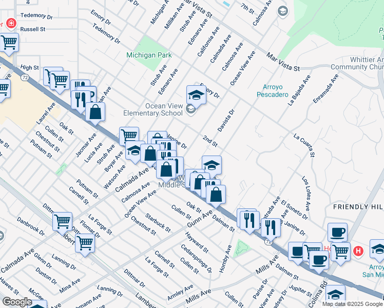 map of restaurants, bars, coffee shops, grocery stores, and more near 8708 Ocean View Avenue in Whittier