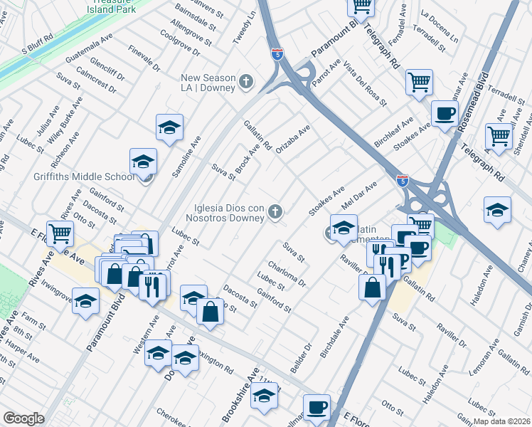 map of restaurants, bars, coffee shops, grocery stores, and more near 8245 Noren Street in Downey