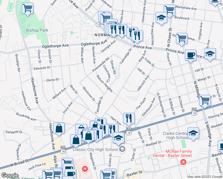 map of restaurants, bars, coffee shops, grocery stores, and more near 480 Belvoir Heights in Athens