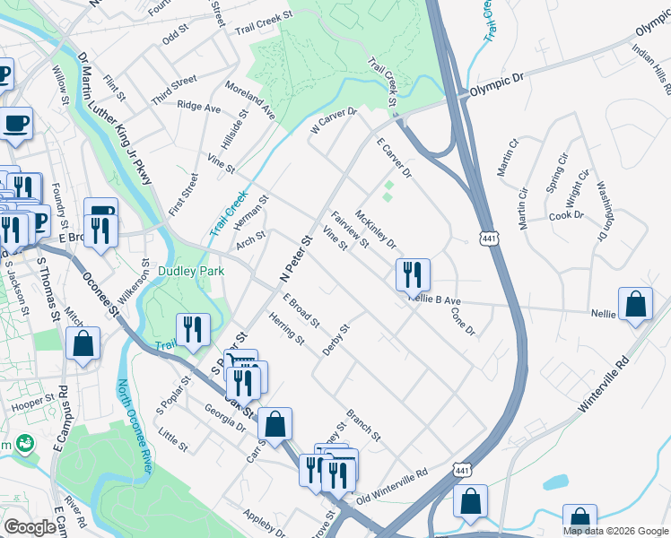 map of restaurants, bars, coffee shops, grocery stores, and more near 277 Arch Street in Athens