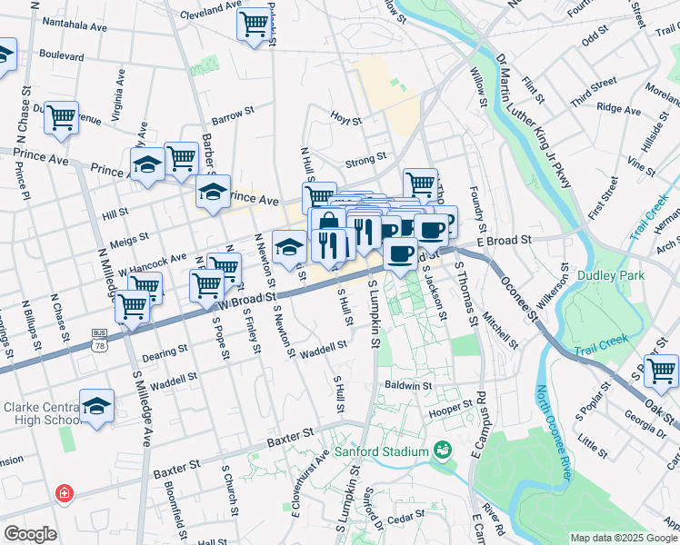 map of restaurants, bars, coffee shops, grocery stores, and more near 186 East Broad Street in Athens